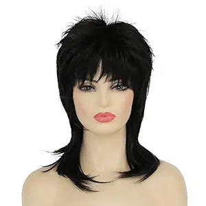 Mullet Wig for Women Black Shoulder Length Shaggy Layered Wig Curly 80s Wigs Heat Resistant Cosplay Daily Hair Wigs (Black)