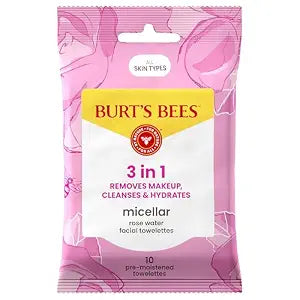 Burt���s Bees Micellar Rose Water Facial Towelettes, 100% Plant Based Cloth; 99% Natural Origin; Remove Makeup, Cleanse, Hydrate; No Greasy, Oily Residue; All Skin Types (Pack May Vary)