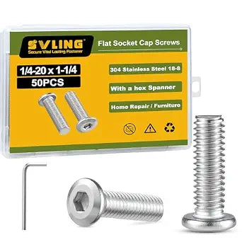 1/4-20 x 1-1/4" Bolt, 50PCS Flat Head Hex Socket Cap Screws Bolts, 304 Stainless Steel 18-8, Fully Threaded, with Hex Spanner