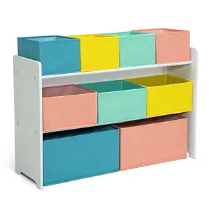 Delta Children Deluxe Multi-Bin Toy Organizer with Storage Bins - Greenguard Gold Certified, White with Blue/Orange/Pastel Bins