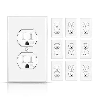 TOPELER 10 Pack Duplex Receptacle Outlets with Wall Plate, Tamper Resistant, 15A/125V/1875W Electrical Power Socket for Residential and Commercial, Self-Grounding, 2-Pole, UL Listed, White