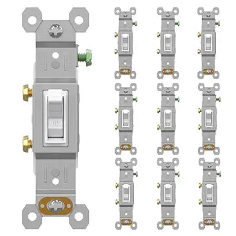 AIDA 15 Amp Single Pole Quiet Indoor Toggle Switch Self-Grounding ON Off, Residential Grade, UL Listed, Quickwire Push-in & Side Wired (White, 10 Pack)