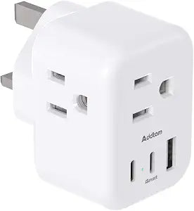 Addtam US to UK Travel Plug Adapter with3 Outlets 3 USB Ports(2 USB C)