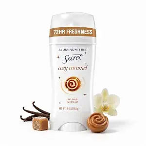 Secret Aluminum Free Deodorant for Women, 72hr Magnesium Odor Protection with Pro-Hyaluronic Acid, PH Balancing Minerals, Holiday Dry Solid, Cozy Caramel Scent, 2.4 oz