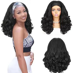 Quantum Love Yaki Curly Headband Wigs for Black Women Wear and Go Glueless half Curly Synthetic Black Wig