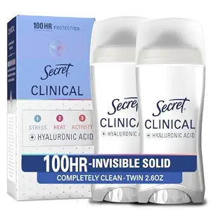 Secret Clinical Strength 100HR Sweat & Odor, Completely Clean Invisible Solid Antiperspirant Deodorant for Women, 3X Stress Protection with Hyaluronic Acid, Completely Clean Scent, 2.6 oz (Pack of 2)
