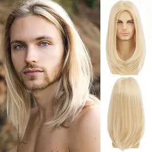 Mens Long Blonde Straight Wig Middle Part Heat Resistant Men Wigs for Daily Party Costume Halloween