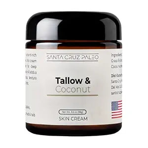 Santa Cruz Paleo, Suet Beef Tallow & Coconut Moisturizer, Organic, Grassfed Beef Tallow Skin Care, Non-Comedogenic Face & Body Moisturizer for Sensitive Skin, Coconut, 3.5 Oz