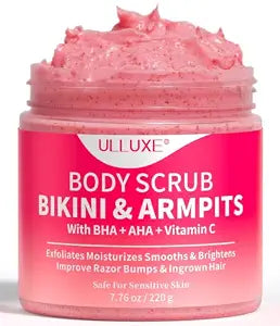 Bikini Area Exfoliator with 10% AHAs BHA & Vitamin C, Exfoliating Body Scrub for Ingrown Hair and Underarm Bumps, Dark Spots, Moisturize Brighten Soothe & Even Skin Tone, Sensitive Skin Safe, 7.76 oz