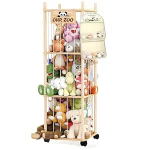 Thick&Thin Stuffed Animal Storage & Organizer, Wooden Zoo Toy Holder with Net, Large Plushies Storage with Wheels, Space Saving Design Toy Organizer for Playroom & Bedrooms
