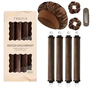 Heatless Curls, Heatless Curls Overnight Hair Care Set - Jumbo Velvet Hair Curlers to Sleep In with Satin Sleep Bonnet Set， No Heat Damage Blowout Rollers for Long Thick Fine Hair, Brown