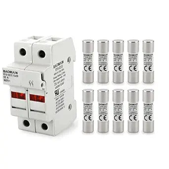Baomain RT18-32 Fuse Holder Base with 10x3A Ceramic Fuses (10x38mm)  2 Pole DIN Rail Mount, LED Indicator, CE Certified (3 Amp)