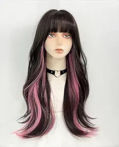 WKLOUYHE Long Wavy Wig for Women Synthetic Curly Wig with Bangs Fibre Cosplay Wig for Girls Daily Use Colorful Wigs (Black+Brown+Pink)