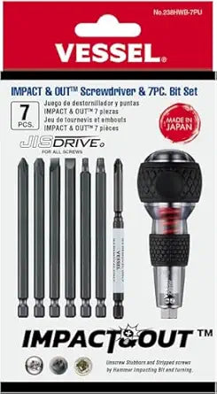 (US Model) VESSEL Impact & Out Screwdriver with 7pcs bits and Pouch