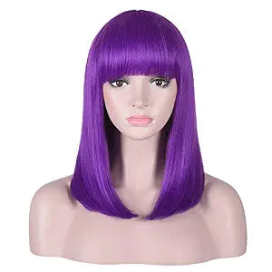 15 Inch Short Straight Purple Bob Wig with Bangs | Natural Heat Resistant Synthetic Hair for Women Costume Wigs