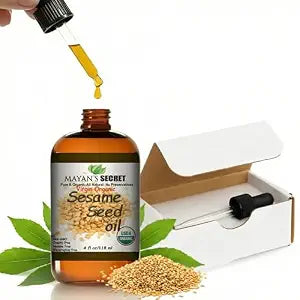 Mayan’s Secret Organic Sesame Oil - Cold Pressed, Unrefined, Hexane-Free and Organic Sesame Seed Oil for Skin, Body, Face & Hair – 100% Pure - Amber Glass Bottle, 4 fl. oz. - USDA Certified