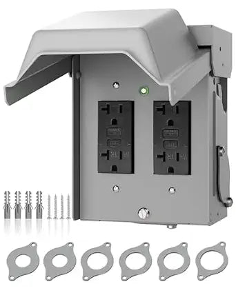 Outdoor Electrical Outlet Box, Dual 20 AMP WRTR GFCI Receptacles, Waterproof Lockable 3R Enclosure with All Metal Cover and Pre Drilled Wiring Holes for Yard/Garage, ETL Listed