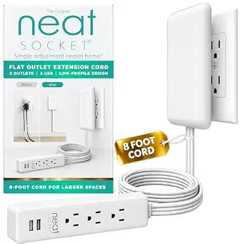 Premium 8ft Flat Plug Extension Cord, Wall Outlet Extender, USB
