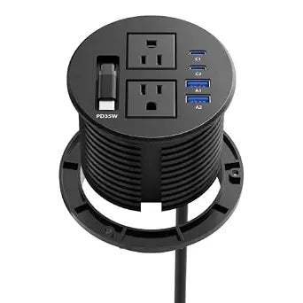 3 1/4" Desk Power Grommet, Built-in Retractable USB-C PD 35W, 2 AC Outlets