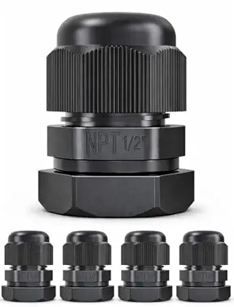 MGI SpeedWare 1/2" NPT Strain Relief Nylon Cord Grip Cable Glands, Black Plastic Grommet 5-Pack