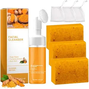 TPTAL Turmeric Wash and Care Two Piece Set, Tuemeric Facial Cleanser & Turmeric Soap Bar,Face & Body Cleanser, Tur-meric Face Wash and Natural Turmerics Handmade Soap, Deep Cleansing