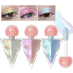 Noerrors 3pcs Holographic Shiny Liquid Glitter Eyeshadow Set, Champagne Gold Mermaid Pink Blue Duochrome Half Magic Shimmer Eyeshadow, Waterproof Sparkly Multichrome Inner Eye Highlighter Fairy Makeup
