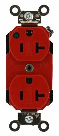 Leviton 20-Amp, 125 Volt, Duplex Receptacle, Hospital Grade, Straight Blade, Self Grounding, Power Indication, 8300-PLR, Red