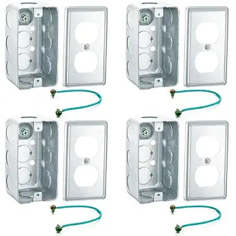 4 Pack 4" x 2" Metal Electrical Box, Duplex Receptacle Cover, Ground Wire