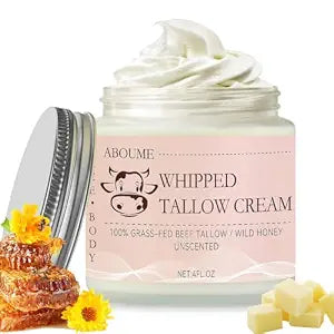 Beef Tallow for Skin, 100% Grass-Fed Whipped Beef Tallow and Honey Balm with Wild Honey & Beeswax, Face & Body Moisturizer Cream for Sensitive Skin 4 FL.OZ