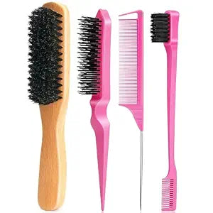 Boar Bristle Slick Back Hair Brush for Smooth Flyaways, Frizz, Sleek Ponytail, Buns and Edge Baby Hair, Teasing | Hair Comb, Edge Brush, Teasing Brush Styling Accessories for Girls, Kids, Women & Men