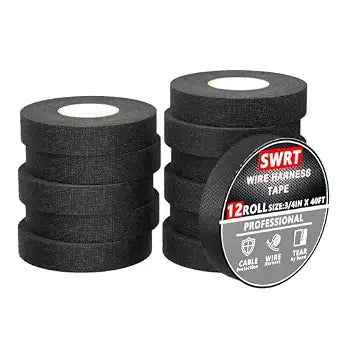 SWRT Wire Harness Tape, 3/4 Inch  50 Feet, 12 Packs (600 Feet Total), Self-Adhesive Black Cloth Electrical Tape for Automotive Use, High Temperature Resistance Felt Tape.