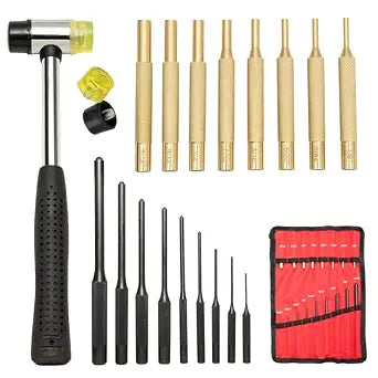 Pin Punch Set, 20pcs Punch Removing Repair Tools, Including Brass Pin Punches, Steel Pin Punches with Storage Pouch&Hammer (Brass+Steel Pin Punches)