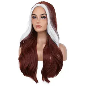 BERON Light Brown Highlights Platinum Long Wavy Wig for Women Girls Two Tone Curly Heat Resistant Synthetic Wigs Cosplay Costume Party Daily Wig