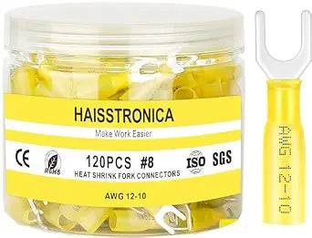 haisstronica 120PCS Heat Shrink Fork Terminals, 12-10 AWG, #8, Yellow