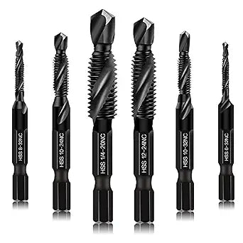 6 Packs Combination Drill & Taps Bit Set, Screw Tapping in SAE Size 6-32nc 8-32nc 10-32nc 10-24nc 12-24nc 1/4-20nc with Anti-Rust Black Coating, 1/4 Hex Shank and Storage Case