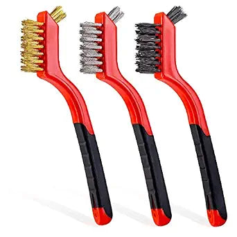 Wire Brush Set 3PCS - Nylon/Brass/Stainless Steel Bristles with Curved Handle Grip for Rust, Dirt & Paint Scrubbing with Deep Cleaning  7 Inches (Red)