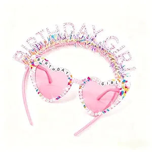 CIEHER Birthday Girl Headband & Sunglasses Set - Pink BIRTHDAY GIRL Party Accessories for Women, Birthday Crown & Heart Shaped Glasses - Pink