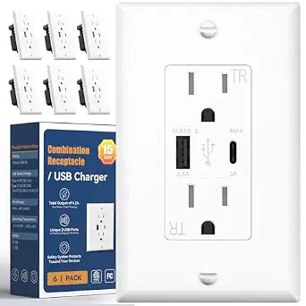 Amico 4.2A USB Outlet 6 Pack, 2-Port, 1 Type C & 1 Type A, 15 Amp, White