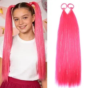 Hot Pink Girls Ponytail Extensions, Hair Tinsel for Women Ponytail With Rubber Band Party Festival Hair Accessories Daily Hair Pieces Ponytail Braiding Hair Extensions Wacky Hair Tinsel 2pcs / lot