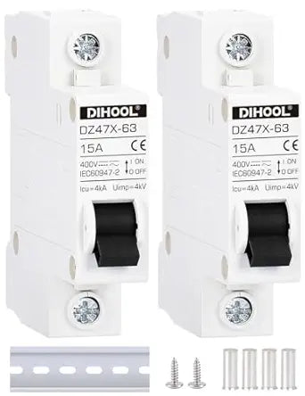 DIHOOL AC/DC Miniature Circuit Breakers, 2 Pack, Single Pole 15 Amp, 12V 24V 48V 400V, Non Polarized, Solar Disconnect Switch, DIN Rail Mount, RV Battery Isolator, PV Array MCB, Thermal Magnetic Trip