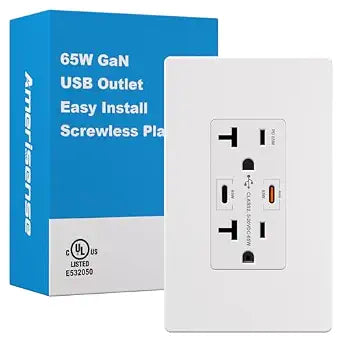 GaN 65W 6Amp 2-Port USB Wall Outlet, 20 Amp Tamper-Resistant Receptacle with 2 USB Type C Port, USB Charger USB-C with Wall Plated Included for Phone/Tablet/Laptop, UL Listed