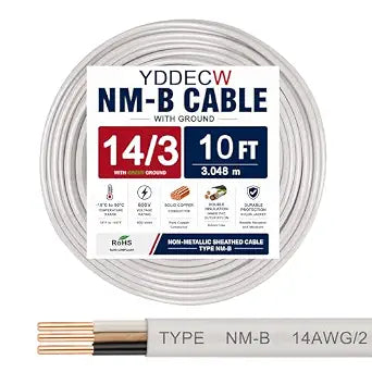 14/3 NM-B Wire with Ground - 10FT 14 Gauge Non-Metallic Sheathed Cable Pure Copper 14 AWG 3 Conductor Residential Indoor Wire for Outlets, Switches and Other Loads etc.