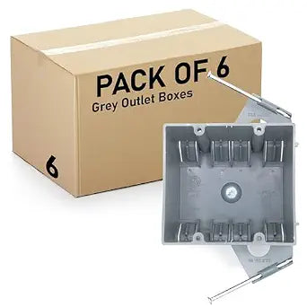 (6 Pack) 2-Gang PVC Electrical Box, Grey Outlet Box, Two Gang New Work Junction Box, Captive Nails, 32 cu. Inches, Length 3-3/4'', Width 2-1/4'', Depth 2-7/8'', 2 Hour Fire Rated Electrical Box