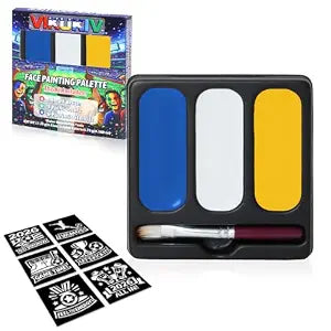 3-Color Blue White Yellow Face Body Paint Set, Face Painting Kit Split Palette for World Cup July 4th Halloween Cosplay SFX Special Effect Makeup with Stencils & Brush for Adults Kids