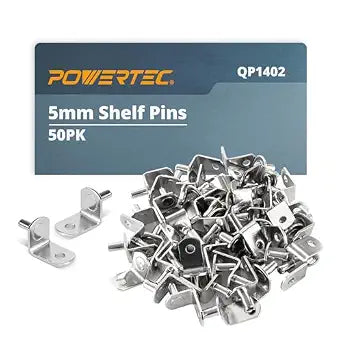 POWERTEC QP1402 5mm Shelf Pegs 50 pcs, L-Shaped Bracket with Hole Shelf Pins Support Pegs for Shelves, Kitchen Cabinet Shelf, Bookshelf, Closet and Furniture, Nickel Plated Shelf Holders Pegs