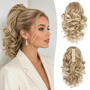 12 Inch Ponytail Extension - Soft Wavy Pony Tails Hair Extensions, Claw Clip Ponytail Extension, Synthetic Hair Extensions Ponytail, Clip in Ponytail (Color: Medium Blonde With Bleach Blonde Ends)