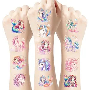 120Pcs Unicorn & Mermaid Temporary Tattoos, Cartoon Decor Fun Sticker for Kids, Animals Birthday Party Supplies & Decorations (M&U4)