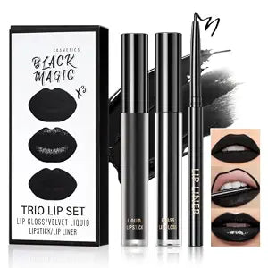 3pcs Black Lip Stain & Lip Gloss Lipstick Matte Set For Halloween & Goth