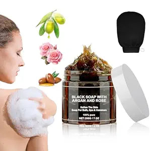 satasiam Morocco Black Soap With Argan And Rose, Morocco Black Beldi Soaps, Blacks Soap Bar Exfoliating Soaps, Moroccan BlackSoap Hammam, Moroccos Body Scrub with Exfoliating Glove (1)