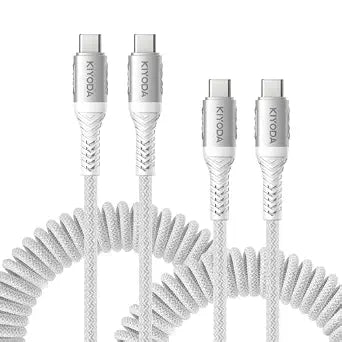 USB C to C Cable 6ft for Car, Coiled Braided USB Type C Cable-Silver 2Pack
